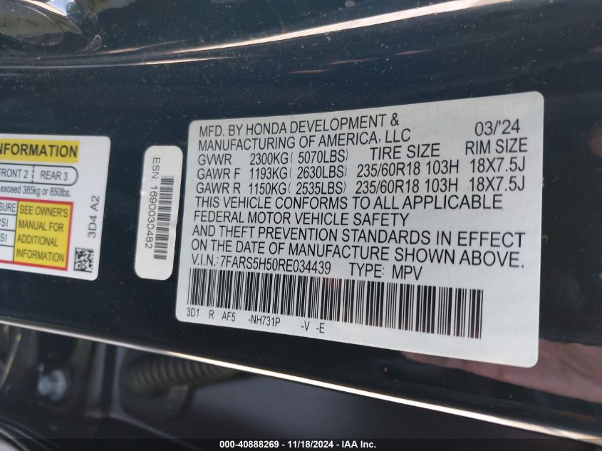 VIN 7FARS5H50RE034439 2024 Honda CR-V, Hybrid Sport no.9