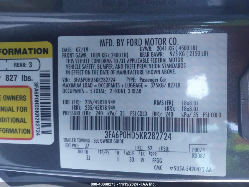 2019 Ford Fusion Se VIN: 3FA6P0HD5KR282724 Lot: 40888273