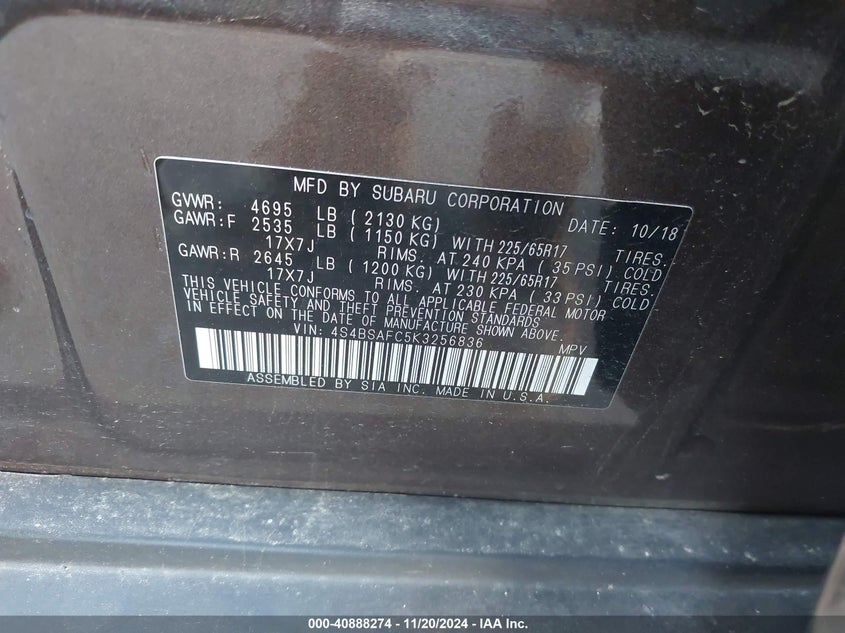 2019 SUBARU OUTBACK 2.5I PREMIUM - 4S4BSAFC5K3256836