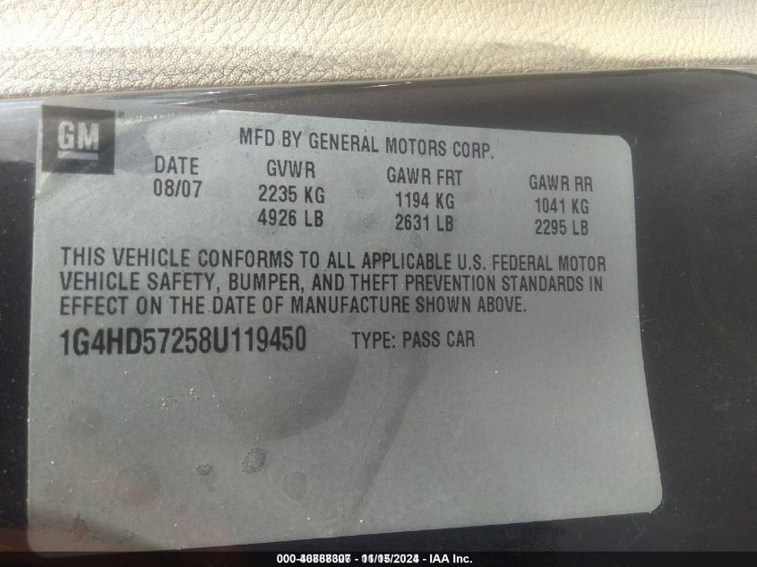 2008 Buick Lucerne Cxl VIN: 1G4HD57258U119450 Lot: 40888307