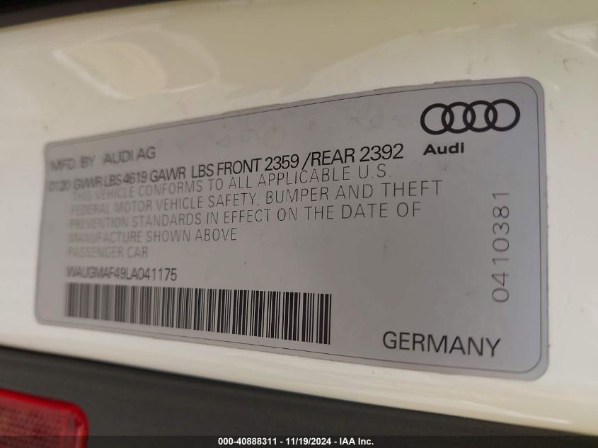 2020 Audi A4 Premium 40 Tfsi Front-Wheel Drive S Tronic VIN: WAUGMAF49LA041175 Lot: 40888311