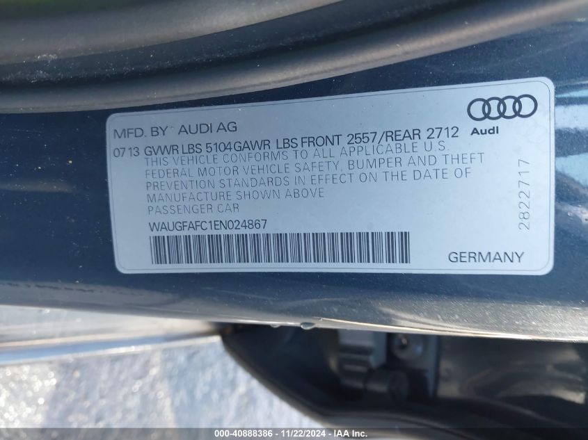 2014 Audi A6 2.0T Premium VIN: WAUGFAFC1EN024867 Lot: 40888386