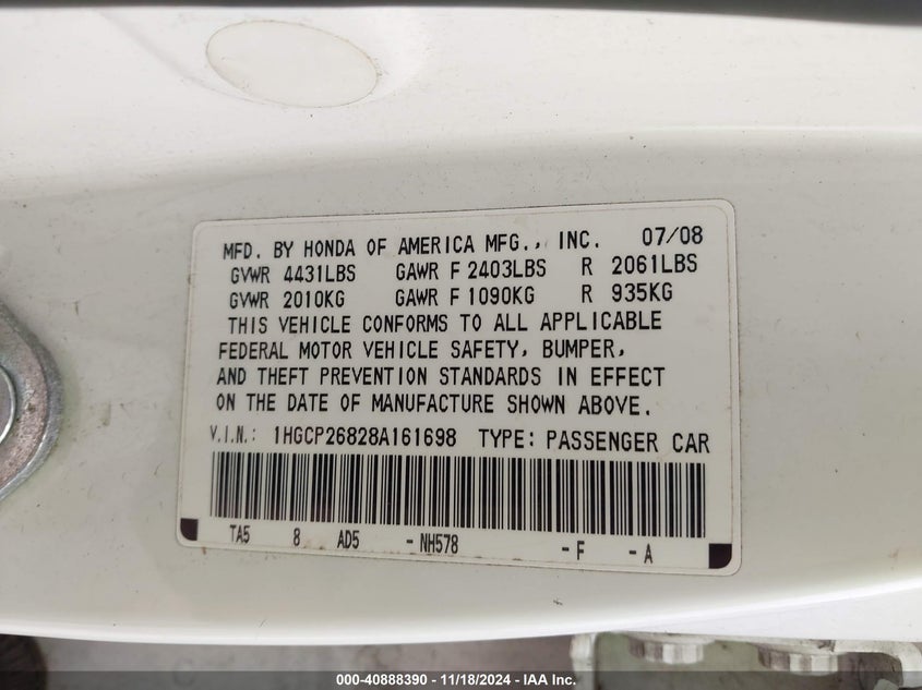 2008 HONDA ACCORD VIN: 1HGCP26828A161698