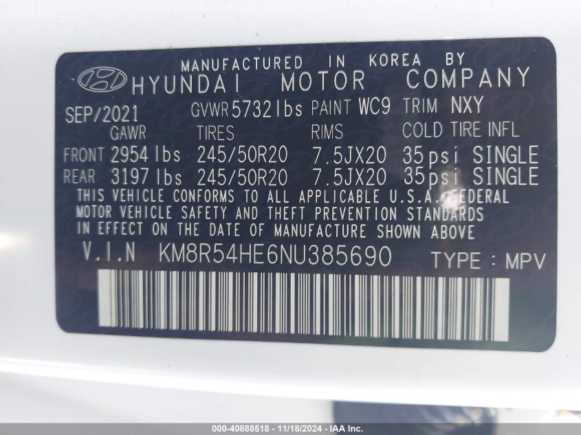 2022 Hyundai Palisade Limited VIN: KM8R54HE6NU385690 Lot: 40888518