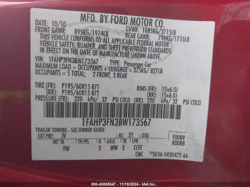 2011 Ford Focus Se VIN: 1FAHP3FN3BW173567 Lot: 40888547