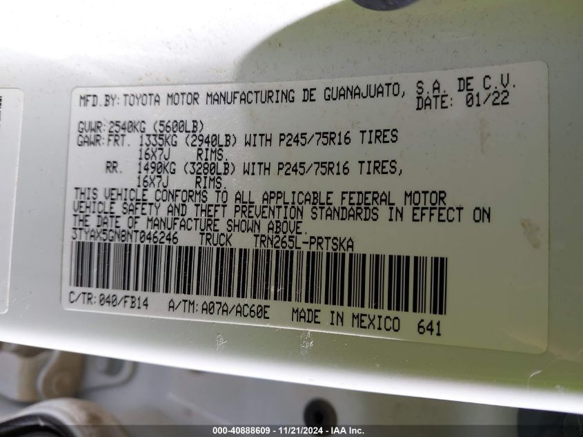 2022 Toyota Tacoma Sr VIN: 3TYAX5GN8NT046246 Lot: 40888609