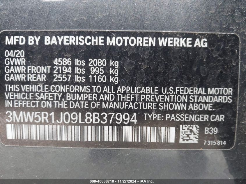 VIN 3MW5R1J09L8B37994 2020 BMW 3 Series, 330I no.9