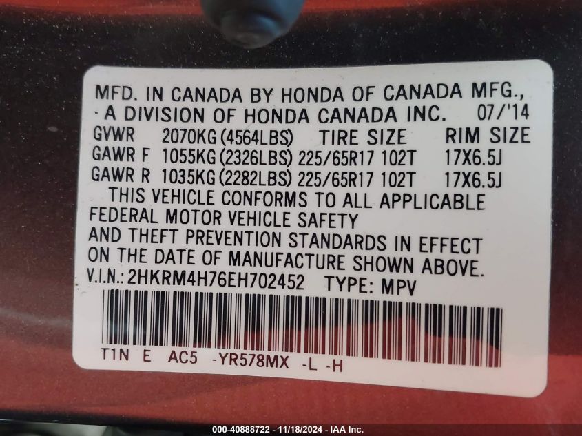 VIN 2HKRM4H76EH702452 2014 HONDA CR-V no.9