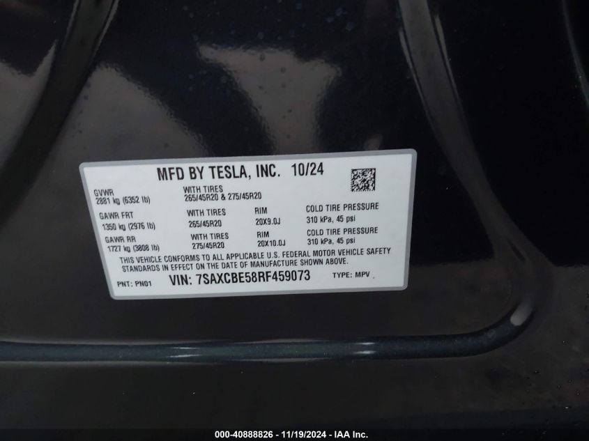 2024 Tesla Model X Long Range VIN: 7SAXCBE58RF459073 Lot: 40888826