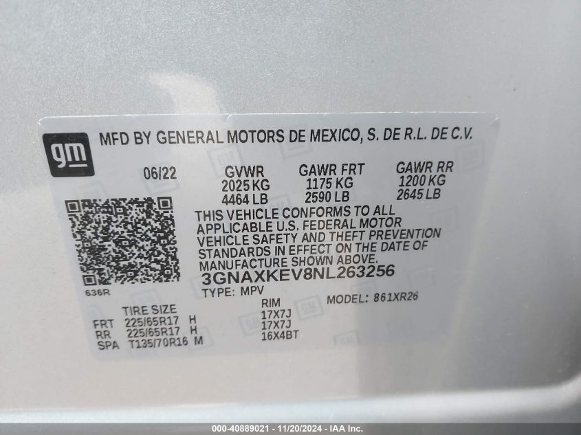 2022 Chevrolet Equinox Fwd Lt VIN: 3GNAXKEV8NL263256 Lot: 40889021