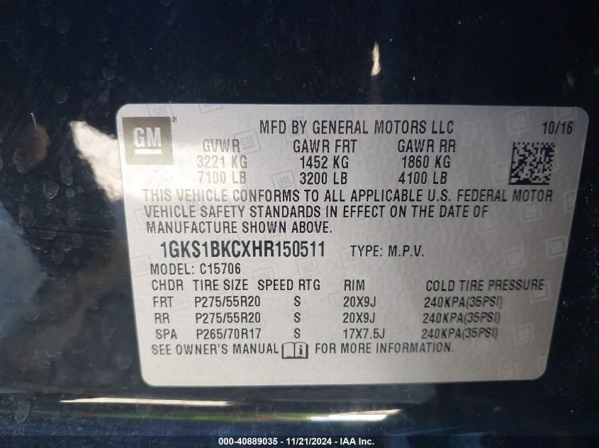 2017 GMC Yukon Slt VIN: 1GKS1BKCXHR150511 Lot: 40889035