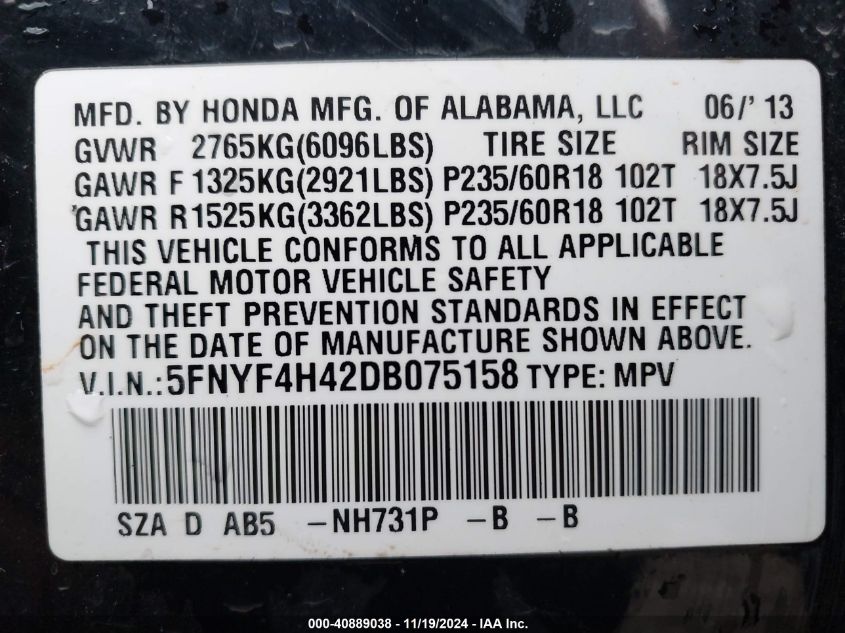 2013 Honda Pilot Ex VIN: 5FNYF4H42DB075158 Lot: 40889038