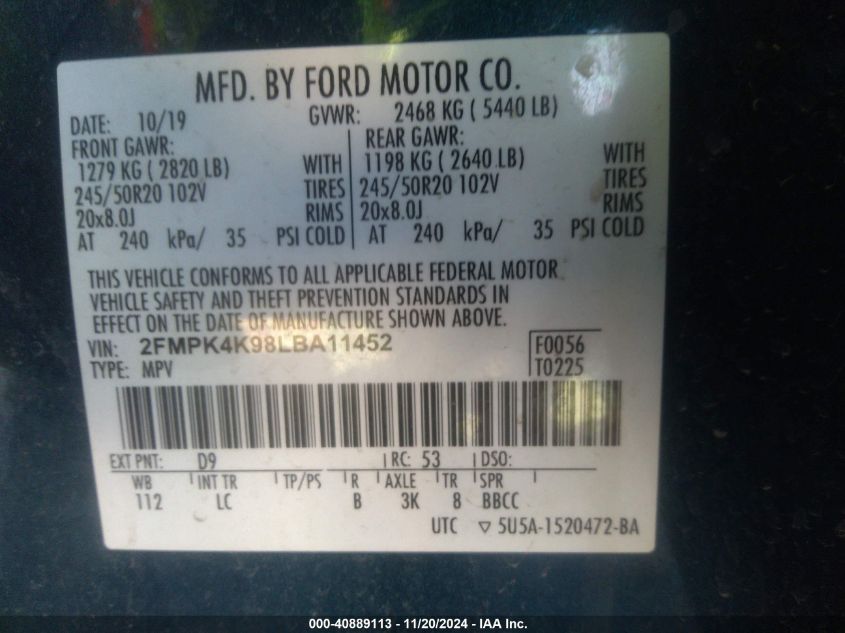 2020 Ford Edge Titanium VIN: 2FMPK4K98LBA11452 Lot: 40889113