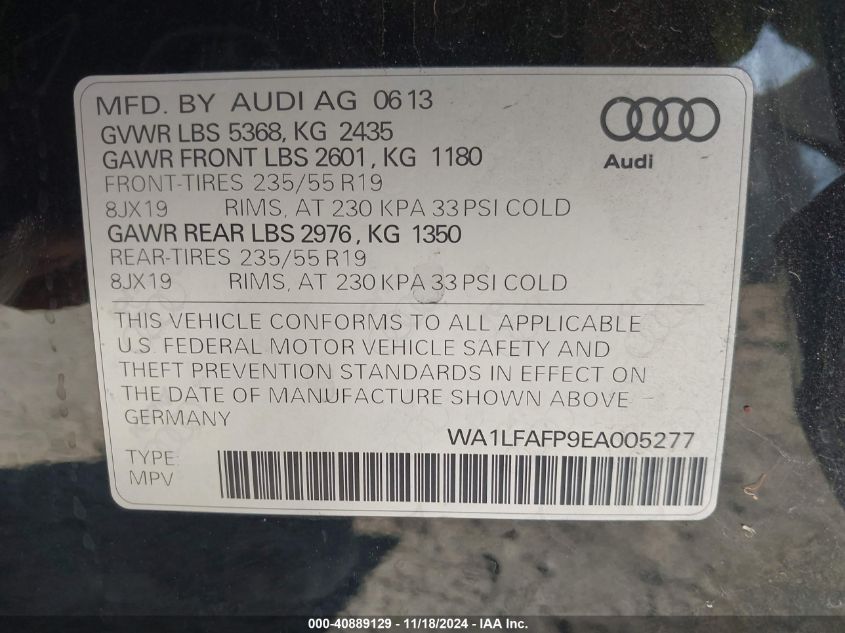 2014 Audi Q5 2.0T Premium VIN: WA1LFAFP9EA005277 Lot: 40889129