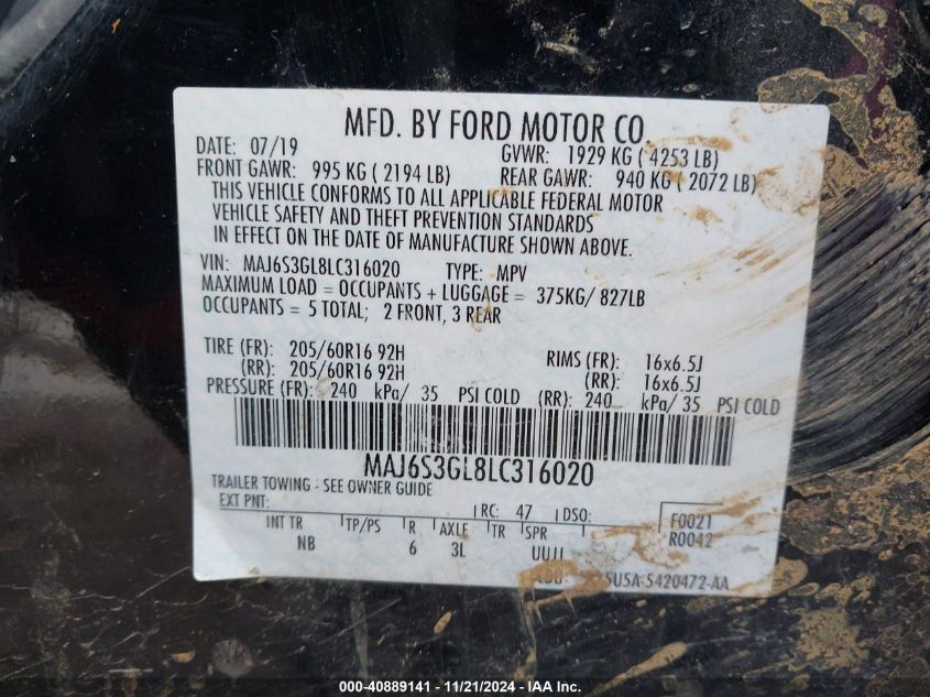 2020 Ford Ecosport Se VIN: MAJ6S3GL8LC316020 Lot: 40889141