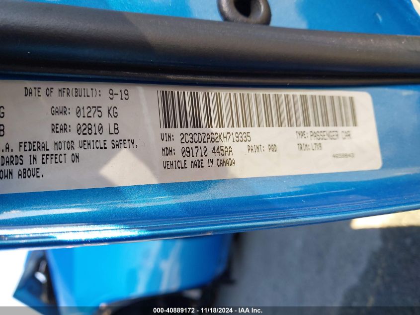 VIN 2C3CDZAG2KH719335 2019 DODGE CHALLENGER SXT