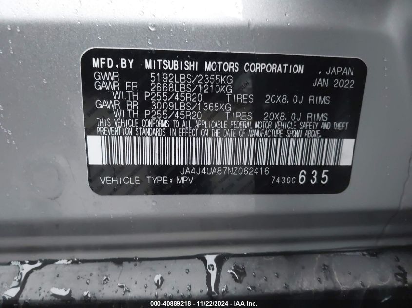 2022 Mitsubishi Outlander Se 2.5 VIN: JA4J4UA87NZ062416 Lot: 40889218