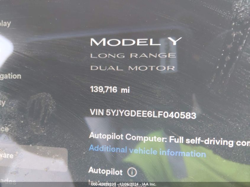 2020 Tesla Model Y Long Range Dual Motor All-Wheel Drive VIN: 5YJYGDEE6LF040583 Lot: 40889233