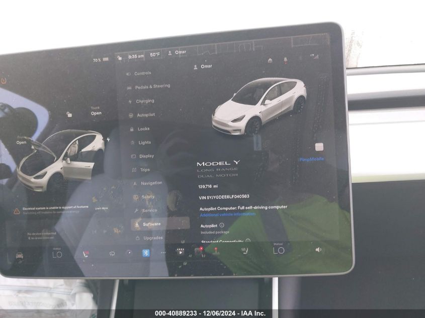 2020 Tesla Model Y Long Range Dual Motor All-Wheel Drive VIN: 5YJYGDEE6LF040583 Lot: 40889233