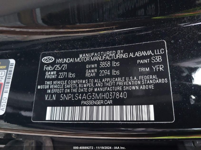 2021 Hyundai Elantra Sel VIN: 5NPLS4AG3MH037840 Lot: 40889272