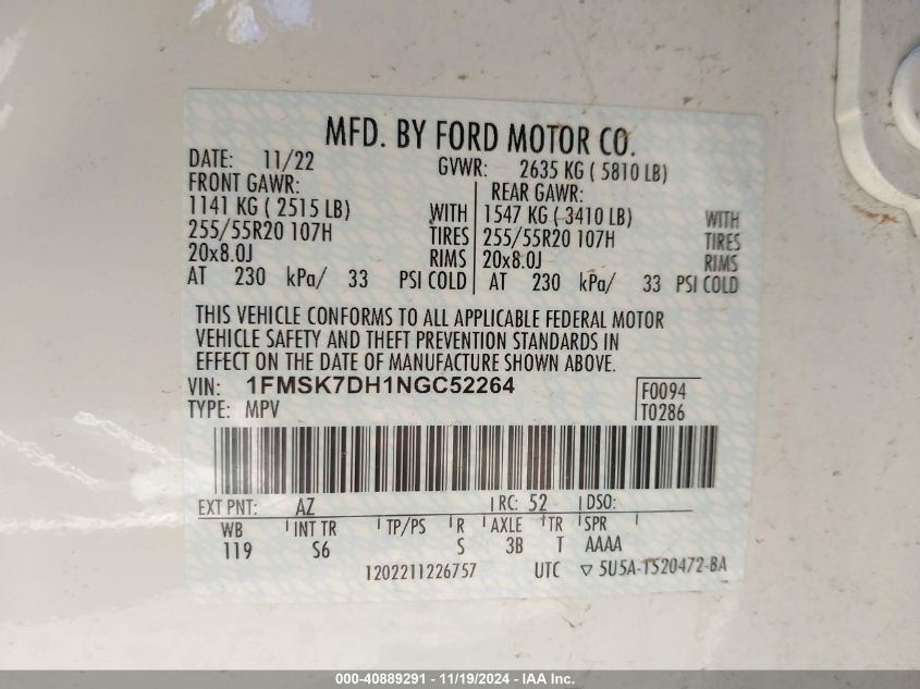 2022 Ford Explorer Xlt VIN: 1FMSK7DH1NGC52264 Lot: 40889291