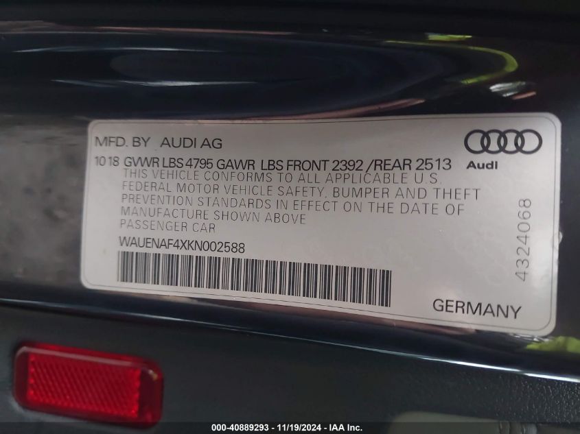 VIN WAUENAF4XKN002588 2019 Audi A4, 45 Premium no.9