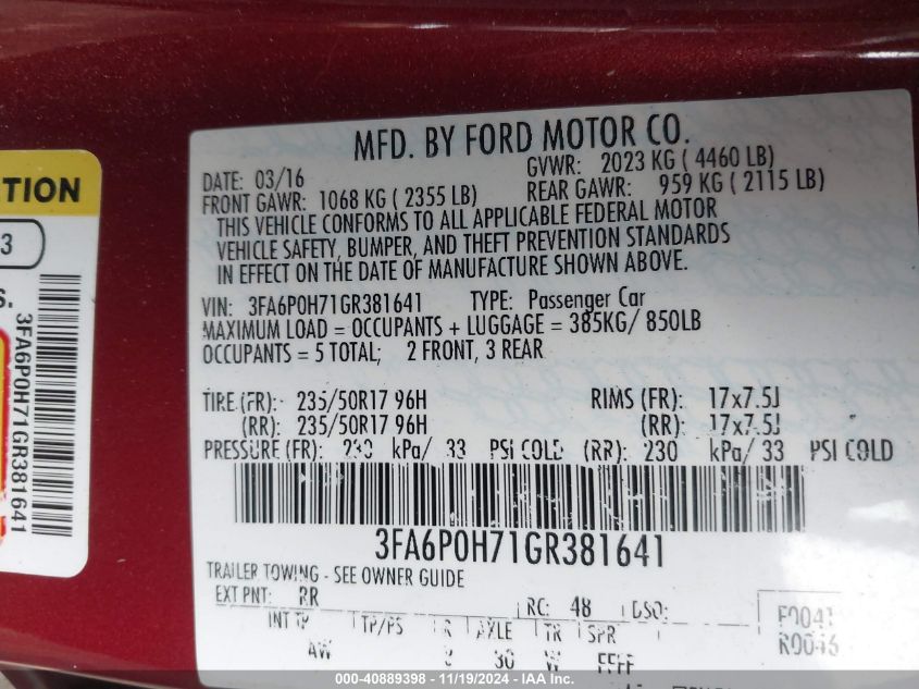 2016 FORD FUSION SE - 3FA6P0H71GR381641