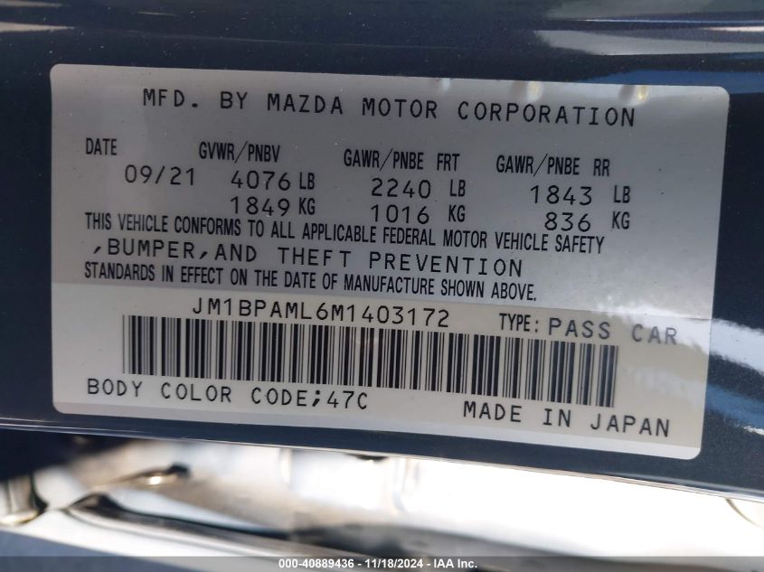 2021 Mazda Mazda3 Premium VIN: JM1BPAML6M1403172 Lot: 40889436