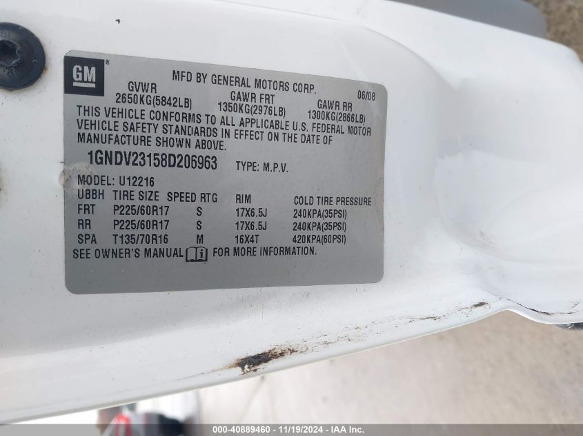 2008 Chevrolet Uplander Ls VIN: 1GNDV23158D206963 Lot: 40889460