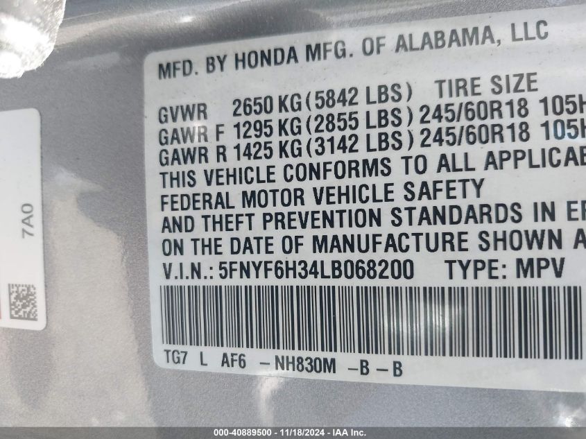 2020 Honda Pilot Awd Ex VIN: 5FNYF6H32LB068200 Lot: 40889500