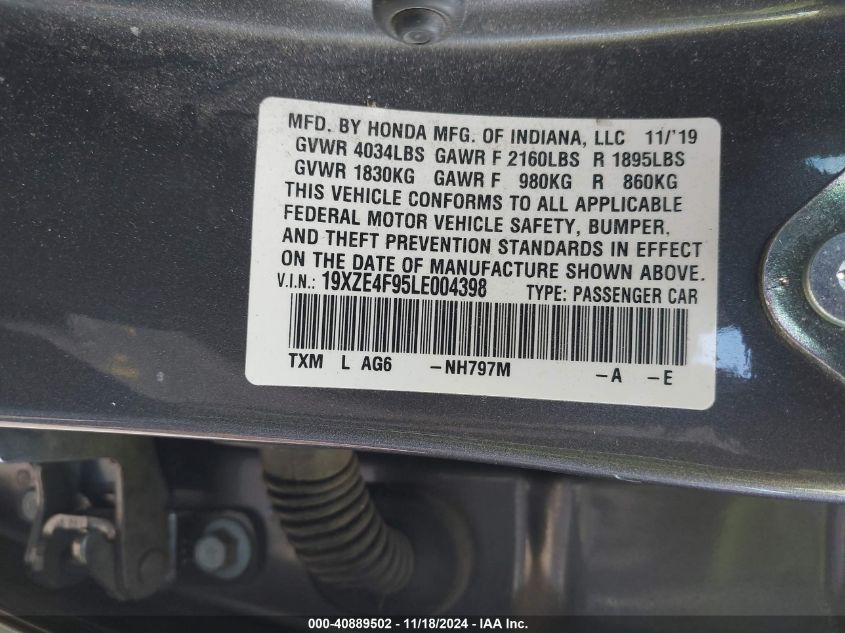 2020 Honda Insight Touring VIN: 19XZE4F95LE004398 Lot: 40889502