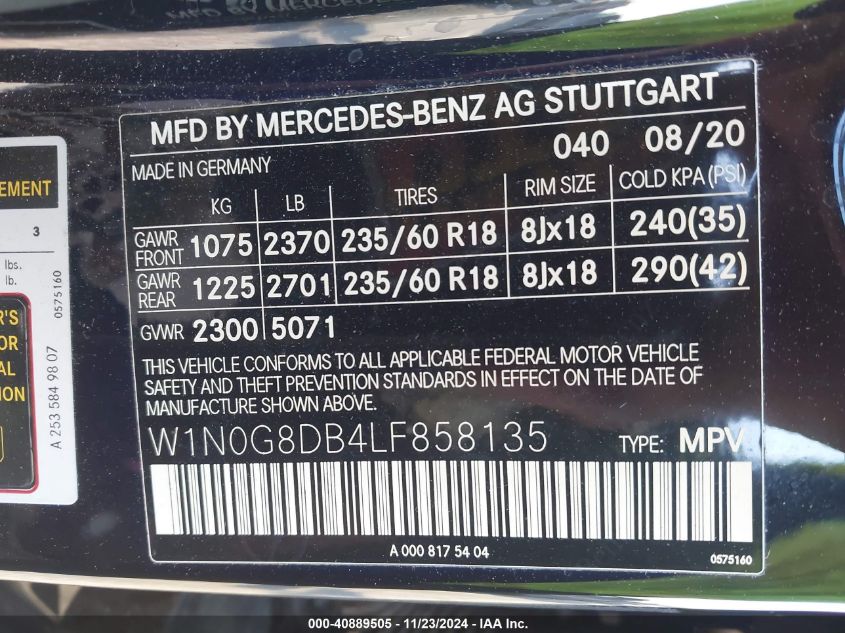 2020 Mercedes-Benz Glc 300 VIN: W1N0G8DB4LF858135 Lot: 40889505