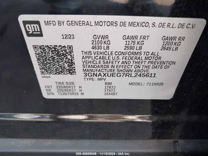 2024 Chevrolet Equinox Awd Lt VIN: 3GNAXUEG7RL245611 Lot: 40889549