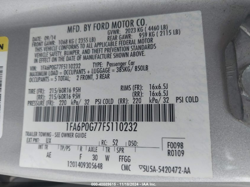 2015 FORD FUSION S - 1FA6P0G77F5110232