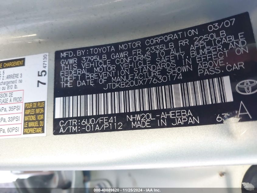 2007 Toyota Prius VIN: JTDKB20UX77630174 Lot: 40889620