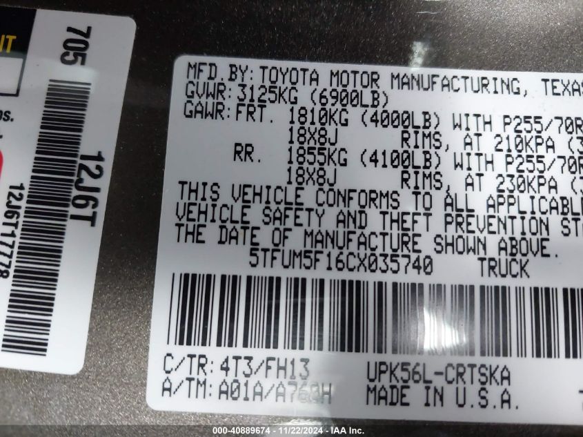 2012 Toyota Tundra Grade 4.6L V8 VIN: 5TFUM5F16CX035740 Lot: 40889674