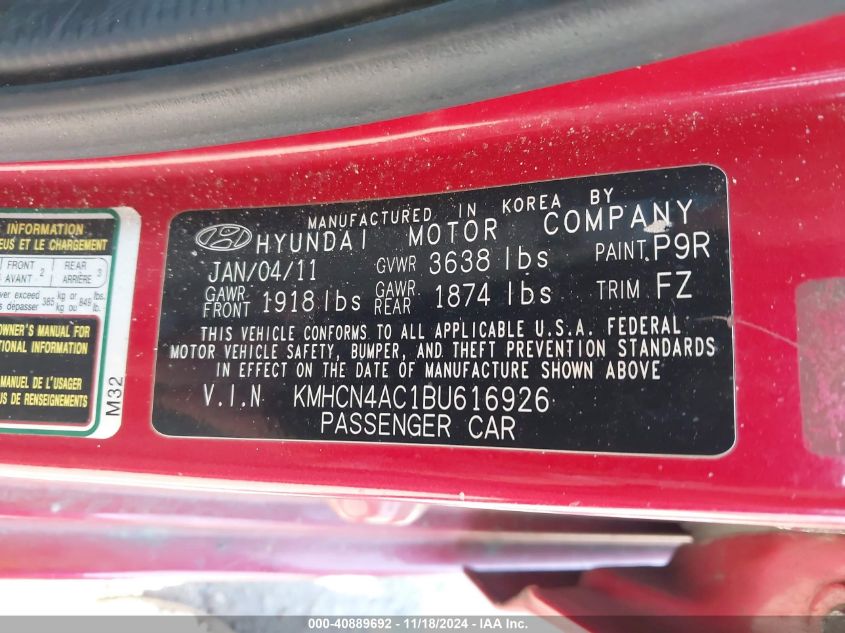 2011 Hyundai Accent Gls VIN: KMHCN4AC1BU616926 Lot: 40889692