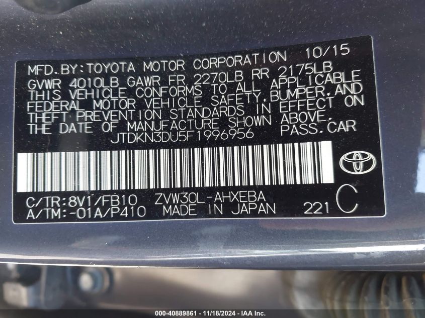 2015 Toyota Prius Five/Four/Persona Series Special Edition/Three/Two VIN: JTDKN3DU5F1996956 Lot: 40889861