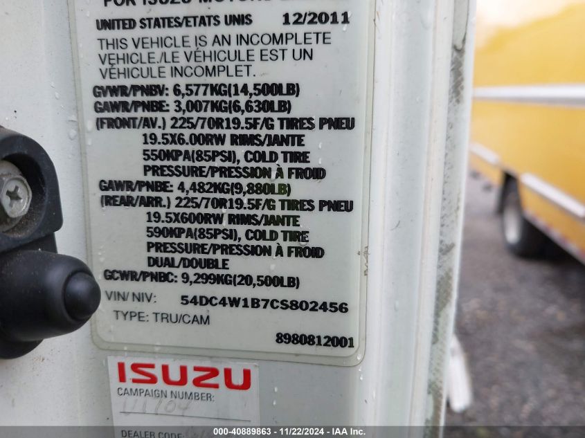 2012 Isuzu Npr Gas Reg VIN: 54DC4W1B7CS802456 Lot: 40889863