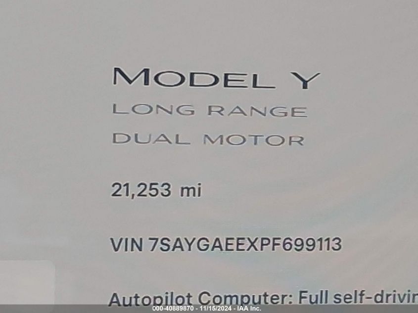 2023 Tesla Model Y Awd/Long Range Dual Motor All-Wheel Drive VIN: 7SAYGAEEXPF699113 Lot: 40889870