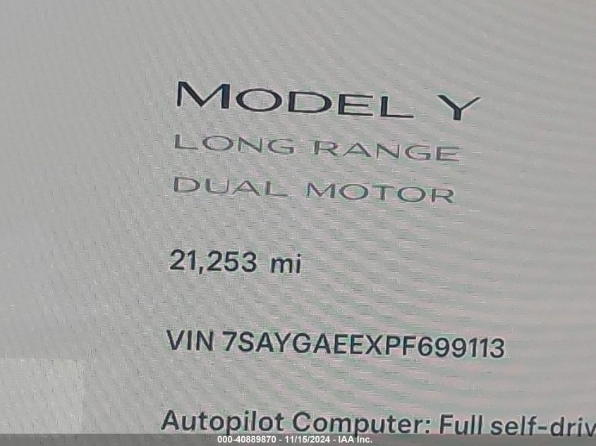 2023 Tesla Model Y Awd/Long Range Dual Motor All-Wheel Drive VIN: 7SAYGAEEXPF699113 Lot: 40889870