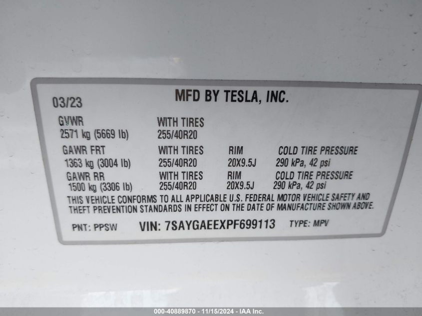 2023 Tesla Model Y Awd/Long Range Dual Motor All-Wheel Drive VIN: 7SAYGAEEXPF699113 Lot: 40889870