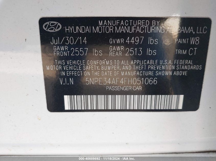 2015 Hyundai Sonata Sport VIN: 5NPE34AF4FH051066 Lot: 40889892