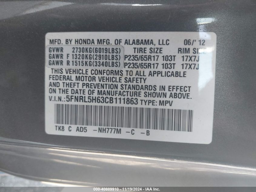 2012 Honda Odyssey Ex-L VIN: 5FNRL5H63CB111863 Lot: 40889910