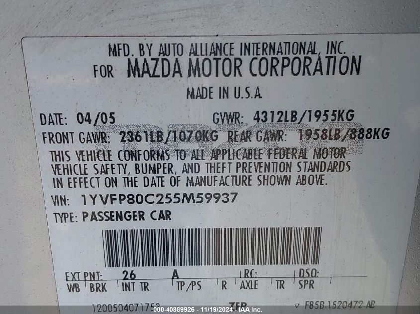 2005 Mazda Mazda6 I Base VIN: 1YVFP80C255M59937 Lot: 40889926