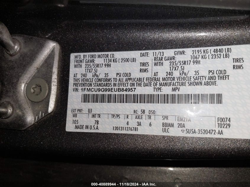 VIN 1FMCU9G99EUB84957 2014 Ford Escape, SE no.9