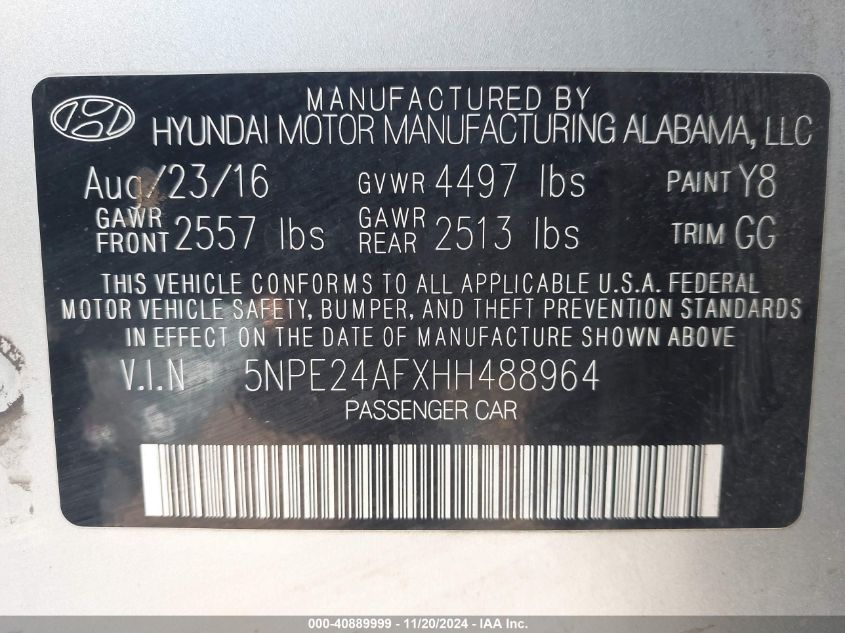 VIN 5NPE24AFXHH488964 2017 HYUNDAI SONATA
