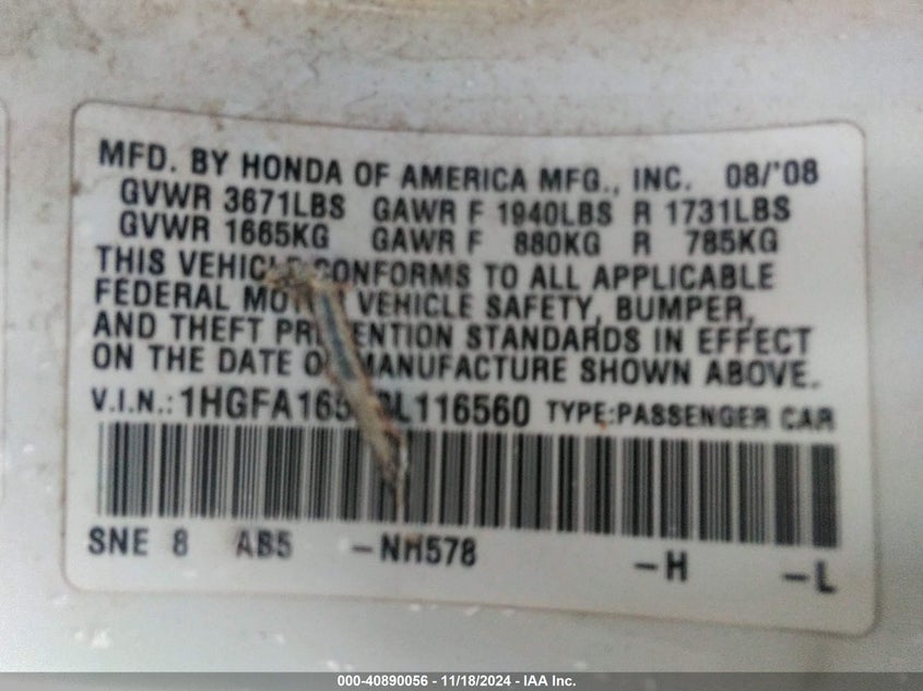 2008 HONDA CIVIC VIN: 1HGFA16588L116560