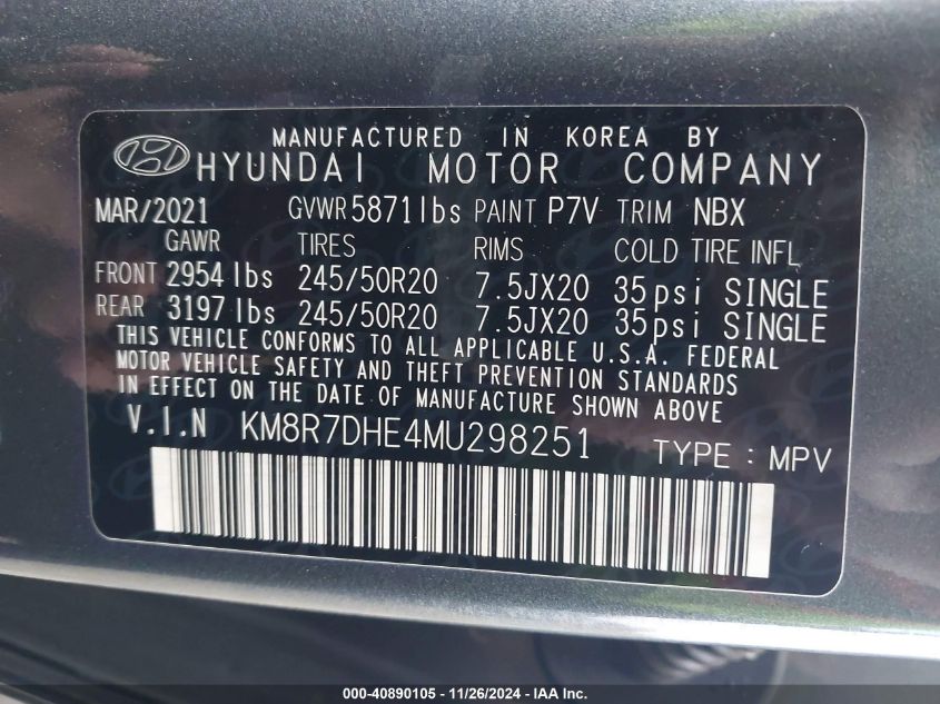 2021 Hyundai Palisade Calligraphy VIN: KM8R7DHE4MU298251 Lot: 40890105