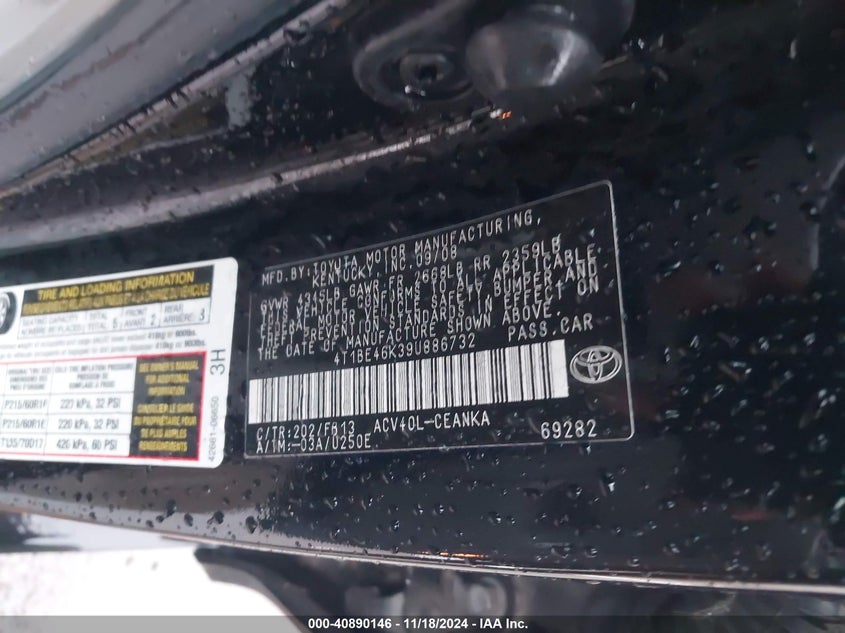 2009 TOYOTA CAMRY VIN: 4T1BE46K39U886732